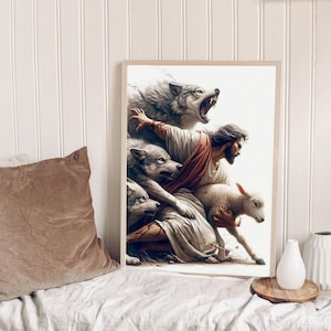 Puede incluir: Una impresi&oacute;n enmarcada representa una escena religiosa con una figura central rodeada de lobos y un cordero. La obra de arte utiliza tonos apagados, con la figura central con t&uacute;nicas fluidas y una faja roja. Los lobos gru&ntilde;en y el cordero est&aacute; cerca.