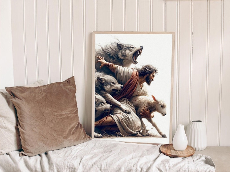 Puede incluir: Una impresi&oacute;n enmarcada representa una escena religiosa con una figura central rodeada de lobos y un cordero. La obra de arte utiliza tonos apagados, con la figura central con t&uacute;nicas fluidas y una faja roja. Los lobos gru&ntilde;en y el cordero est&aacute; cerca.