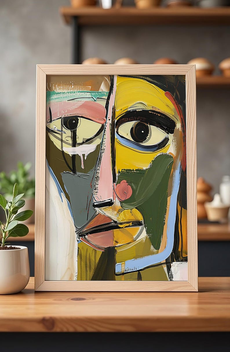 Wooden Framed Cubist Face Art Print, Picasso Style Abstract Portrait ...