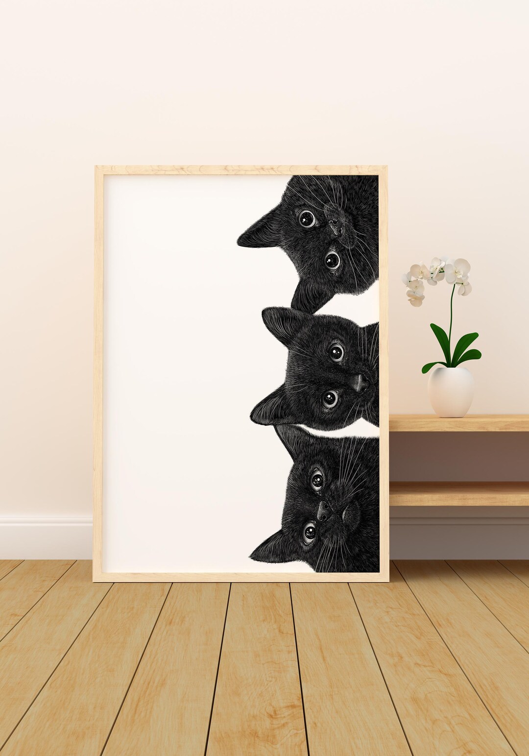 3匹の黒猫の木製フレームアート、オリジナルの手作り木製フレーム