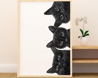 Three Black Cats Wooden Framed Art, Original Handcrafted Wooden Frame, Cute Cat Illustration, Rustic Wall Decor, Animal Artwork