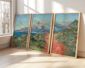 Claude Monet 3 Piece Wooden Framed Set | The Red Road near Menton, Frame Large Wall Art, Vintage Art, Minimalist Art, Gift, Wall Decor