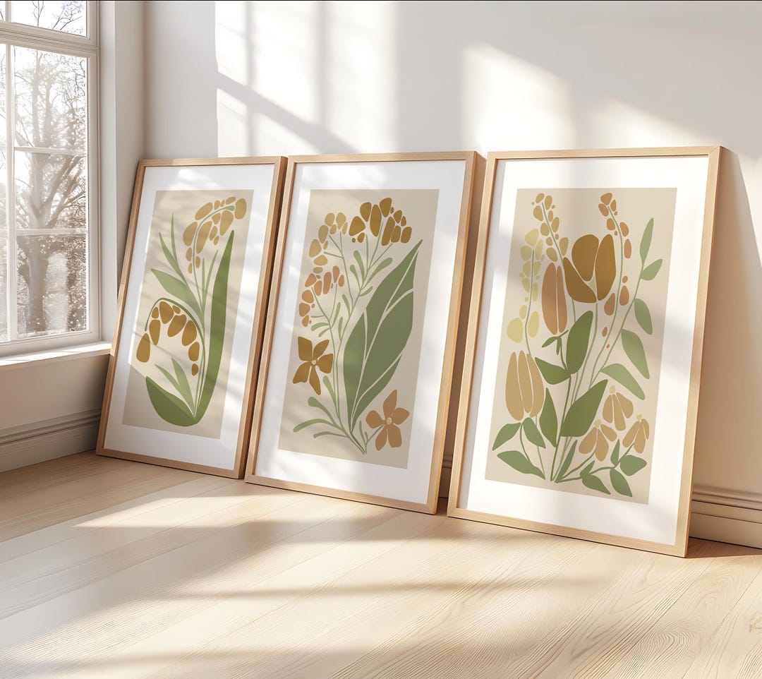 Set of 3 Wooden Framed Abstract Botanical Line Art Prints | Boho Earth ...