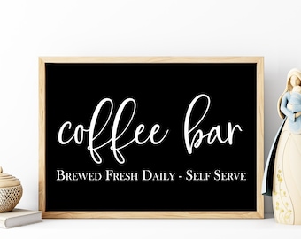 Träskylt för kaffe | Skylt för kaffebar, färskbryggt dagligen, självservering | Träskylt | Köksinredning i lantlig stil | Väggdekoration i lantlig stil