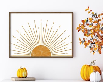 Decorazione da parete con cornice in legno Boho, arte da parete minimalista con sole, stampa Boho con sole, decorazione per la casa con sole dorato, stile moderno di metà secolo.