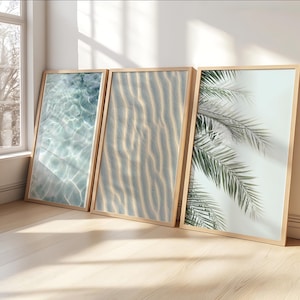 Neutral Beach Wooden Framed Set of 3 Ocean Prints Beach Wall Decor Sage Green Wall Art Coastal Wall Decor Ocean Printable Palm Tree Wall Art