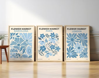 Blauwe bloemenmarkt houten set van 3 prenten, botanische printset, minimalistische bloemenprints, bloemenposter, digitale kunstafdruk, galeriewandset