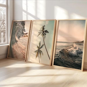 Sepia Beach Print Set of 3 Wooden Framed, Ocean Beach Wall Art Pastel Decor Neutral Art Print Surf Wall Art Palm Tree Print Coastal Art