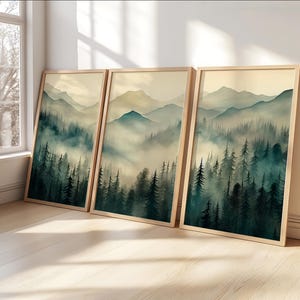 Salbei Grüne Berge 3-teilige Holzgerahmte Kunst | Aquarell Berglandschaft | Abstrakte Natur Poster | Modernes Minimal Dekor