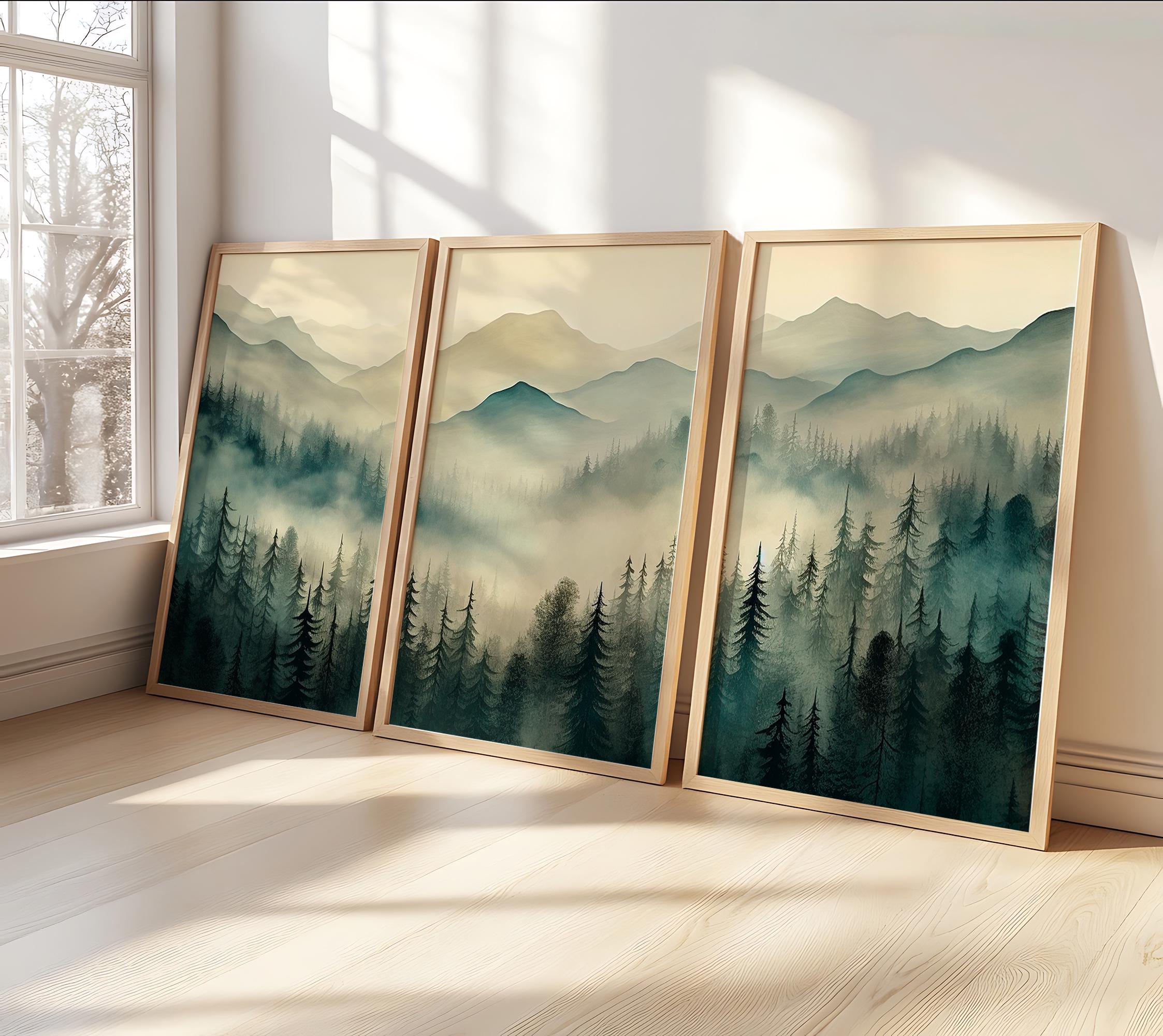 Sage Green Mountain 3 Piece Wooden Framed Art | Watercolor Mountain Landscape | Abstract Nature Print | Modern Minimal Decor
