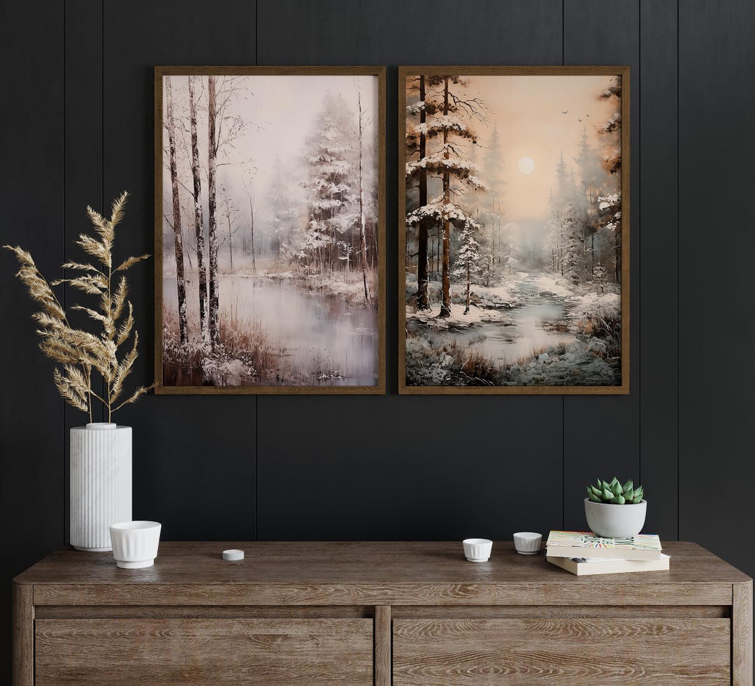 Winter Forest Landscape Painting Set of 2, Snowy Pine Trees and Frozen ...
