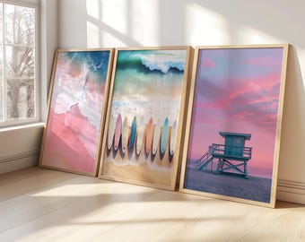 Pink Beach and Surf Wooden Framed Set Of 3, Beach Print, Coastal Decor, Pink Wall Art, Tropical Print, Ocean Art, Gallery Wall Set,