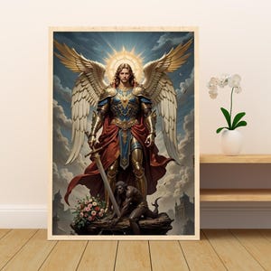May include: A framed artwork showing a celestial figure with golden wings, armour, and a sword. The figure stands before a cloudy sky, with a halo and a defeated figure at their feet. The artwork is in a wooden frame.
