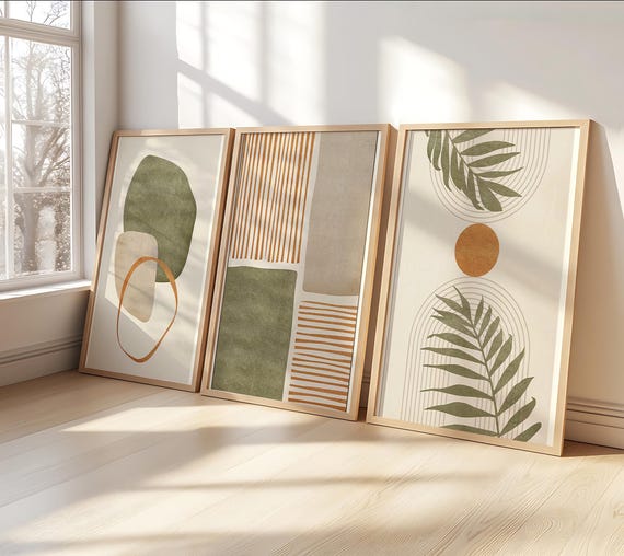 Framed Canvas Print Wall Art Set of 3 Tropical Leaves Abstract