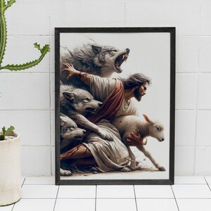 Puede incluir: Impresi&oacute;n art&iacute;stica enmarcada que representa a un hombre con t&uacute;nicas, rodeado de lobos y un cordero. La obra presenta una escena dram&aacute;tica con el hombre extendiendo la mano, lobos gru&ntilde;endo y un cordero en primer plano. La paleta de colores incluye tonos grises, marrones y blancos.