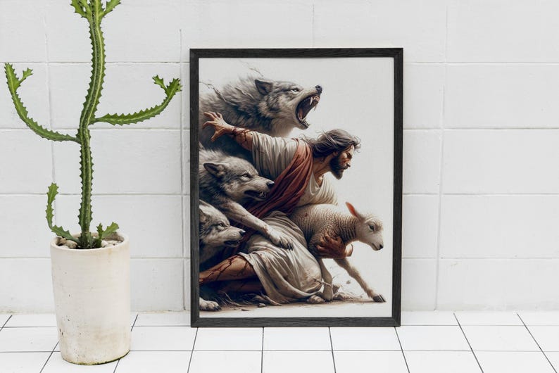 Puede incluir: Impresi&oacute;n art&iacute;stica enmarcada que representa a un hombre con t&uacute;nicas, rodeado de lobos y un cordero. La obra presenta una escena dram&aacute;tica con el hombre extendiendo la mano, lobos gru&ntilde;endo y un cordero en primer plano. La paleta de colores incluye tonos grises, marrones y blancos.