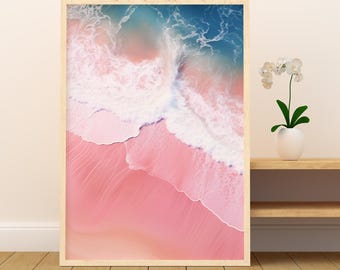 Arte de pared con marco de madera de playa rosa, impresión de océano rosa, decoración rosa ruborizada, impresión de dormitorio rosa, arte de pared azul rosa, arte de playa pastel,