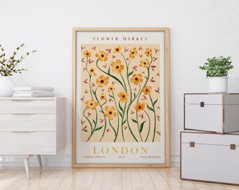 Flower Market Wooden Framed Print, London Poster Art, Sunflower Wall Art, Retro Floral Artwork, Exhibition Wall Decor