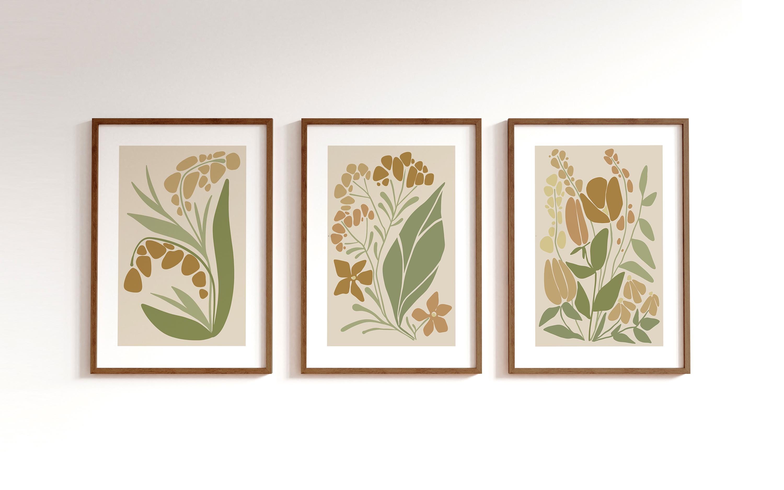Set of 3 Wooden Framed Abstract Botanical Line Art Prints | Boho Earth ...