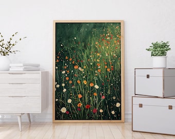 Wildflower Field Framed Wall Art, Vintage Botanical Landscape Sign, Floral Decor, Modern Farmhouse Canvas Art, Field Of Flowers Canvas Print