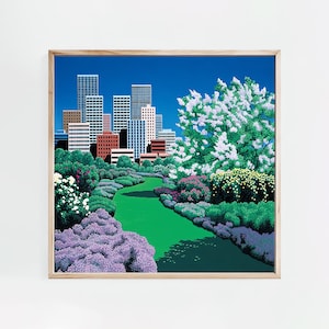 Op de afbeelding: Een digitale schildering van een skyline met een groen park op de voorgrond. De gebouwen zijn een mix van blauw, wit en rood. Het park is gevuld met groen gras, bomen en bloemen. De lucht is blauw met witte wolken.