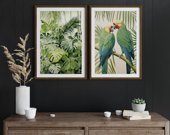 Tropical Parrot and Monstera Leaf Print Set of 2, Vibrant Jungle Botanical Illustration Wall Art, Green Nature Decor