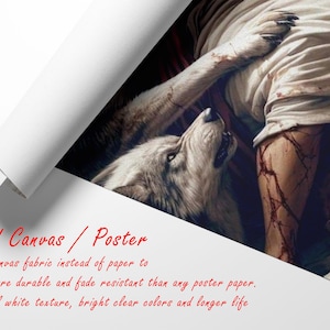 Puede incluir: P&oacute;ster enrollado en lienzo que muestra un lobo y una persona. El lobo mira hacia arriba, y la persona lleva una camisa blanca. El p&oacute;ster est&aacute; enrollado, con el texto "Rolled Canvas / Poster" en rojo.