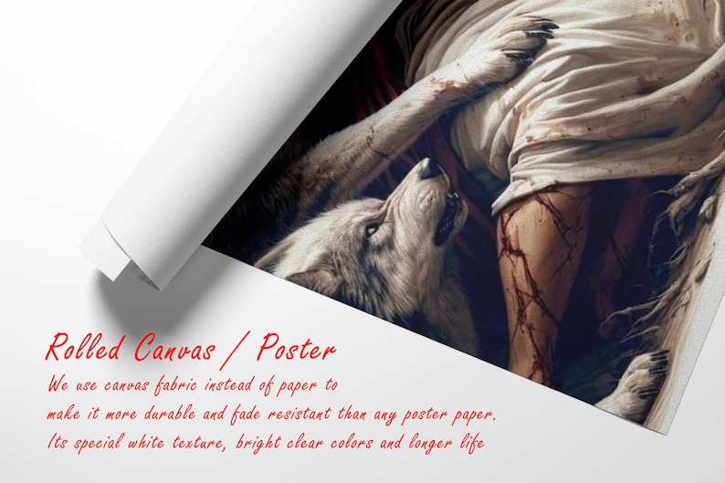 Puede incluir: P&oacute;ster enrollado en lienzo que muestra un lobo y una persona. El lobo mira hacia arriba, y la persona lleva una camisa blanca. El p&oacute;ster est&aacute; enrollado, con el texto "Rolled Canvas / Poster" en rojo.