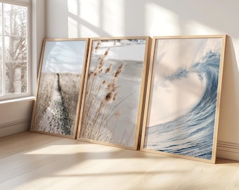 Ocean Wooden Frame Set of 3 Posters Neutral Beach Print Boho Wall Decor Above Bed Prints Beige Decor Summer Coastal Wall Art