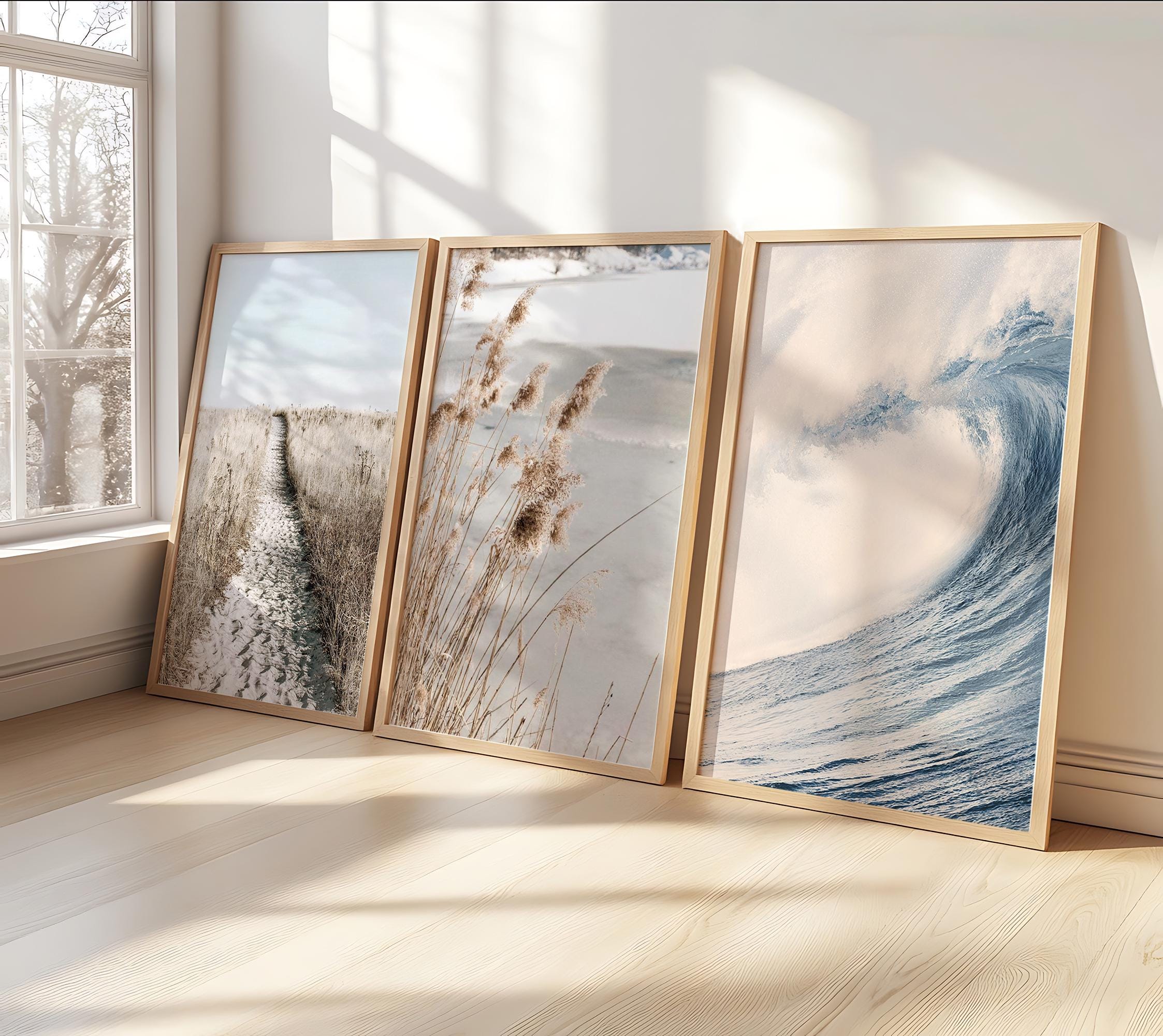 Ocean Wooden Frame Set of 3 Posters Neutral Beach Print Boho Wall Decor ...