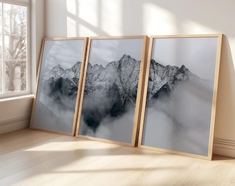 Cadre en bois 3 pièces noir et blanc montagne couverte de nuages | Aquarelle paysage de montagne | Impression abstraite de la nature