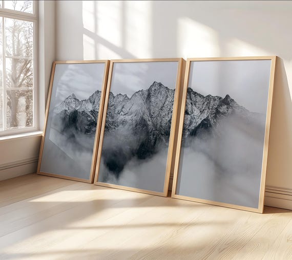 Three Black and White Cloud Covered Mountain 3 Piece Wooden Framed
