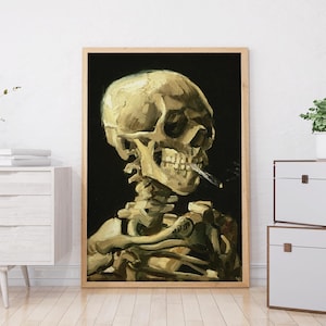 Vincent Van Gogh Schädel Druck aus Holz gerahmt, Skelett brennende Zigarette, Dark Academia Wanddekor, Gothic Kunstdruck, Vintage Poster