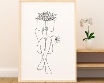 Wooden Framed Bookish Print, Bookish Gifts, Book Wall Art, Floral Prints, Botanical Wall Art, Book Lover Gift, Line Art Print