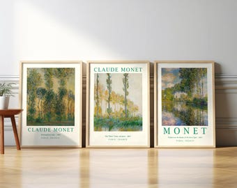 Monet Set of 3 Exhibition Museum Wooden Framed Art, Gallery Wall Art Paintings, Rolled Canvas Poster