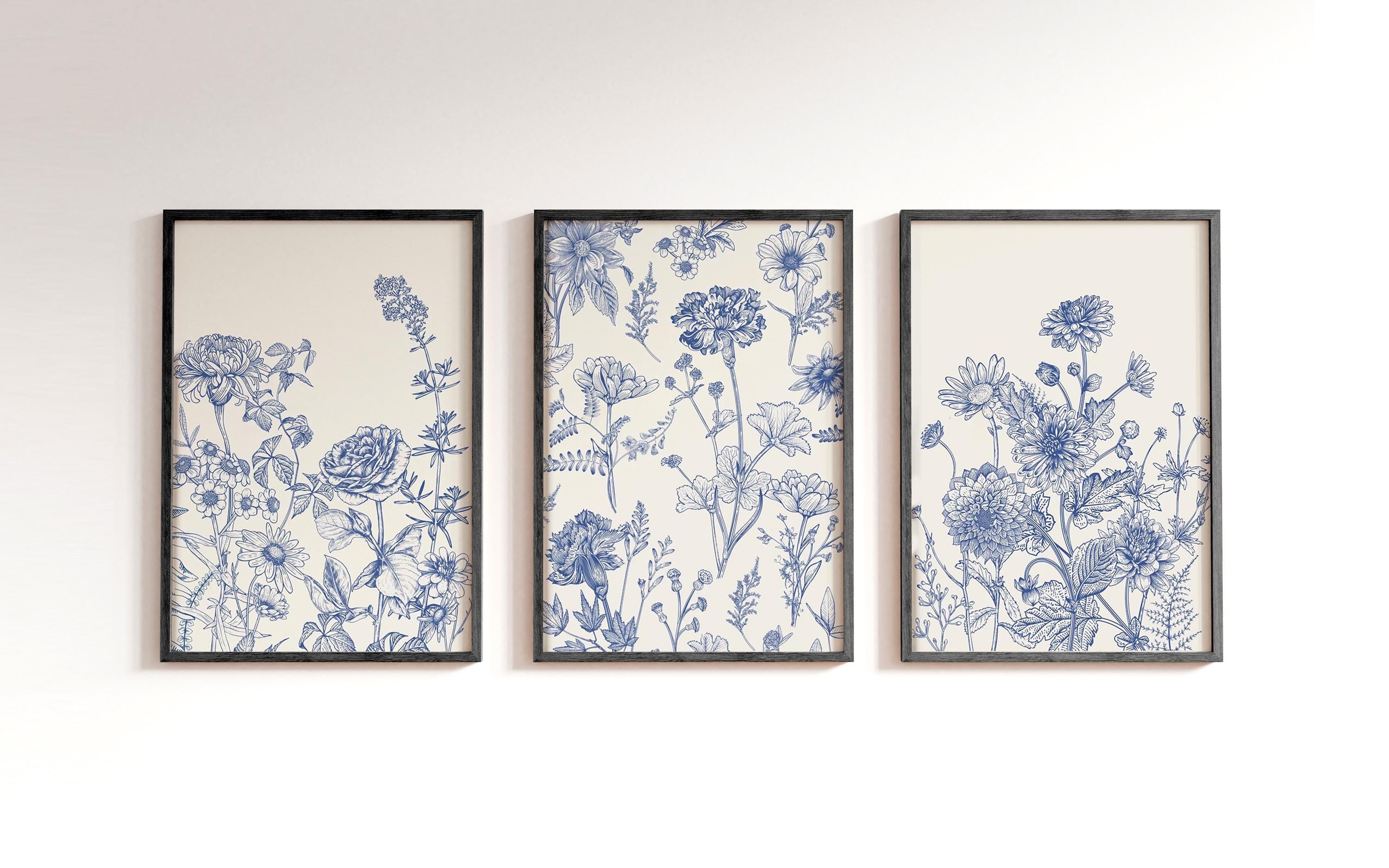 Wooden Framed Blue Botanical Wall Art Chinoiserie Wall Art, 3 Piece ...