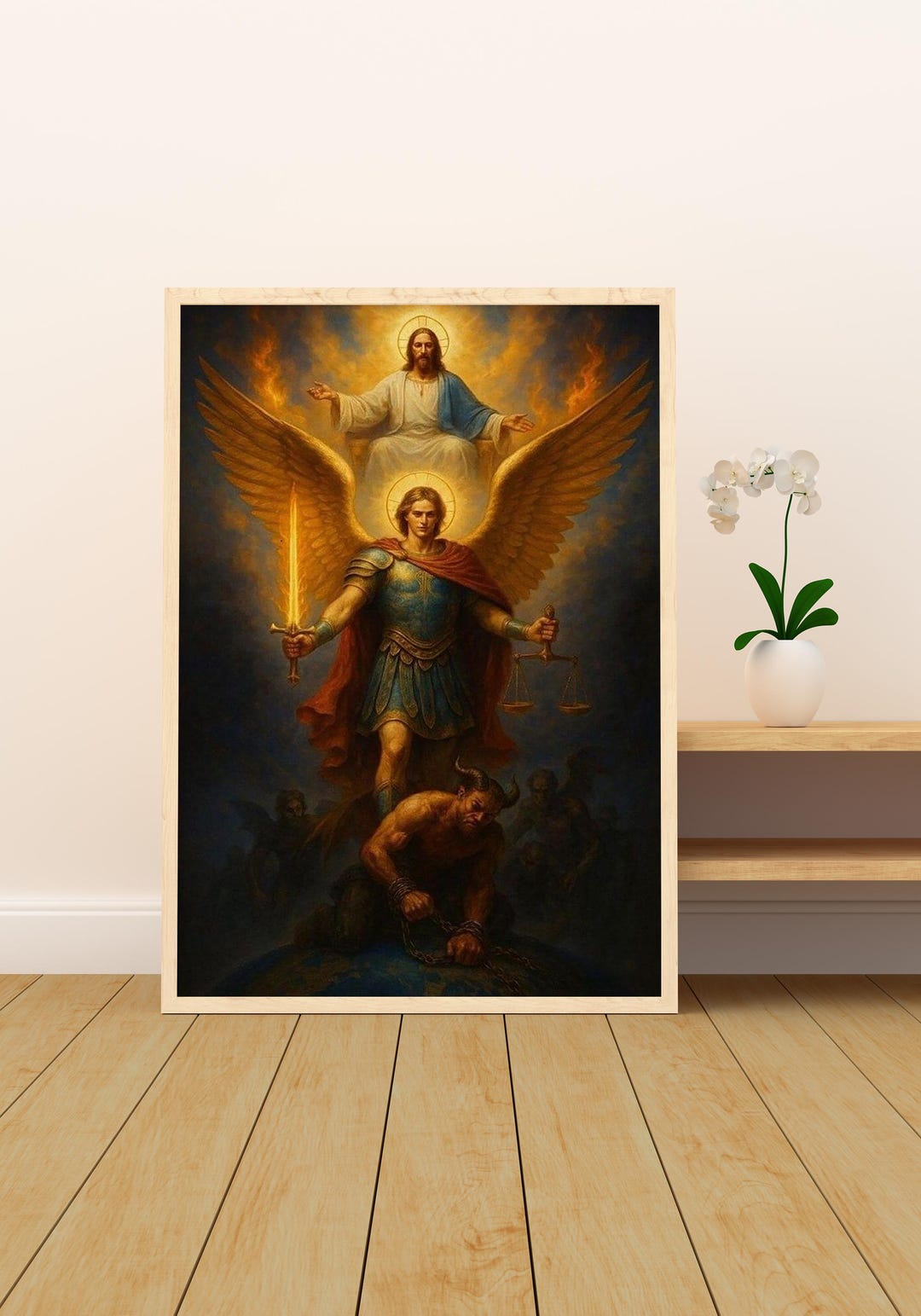 Wooden Framed Wall Art Archangel Michael Golden Armor, Heroic Religious ...