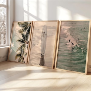 Surf Wooden Framed Set Of 3, Beach Print, Coastal Decor, Pink Wall Art, Tropical Print, Ocean Art, Gallery Wall Set, Beach Wall Art,