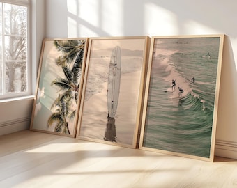 Surf Wooden Framed Set Of 3, Beach Print, Coastal Decor, Pink Wall Art, Tropical Print, Ocean Art, Gallery Wall Set, Beach Wall Art,