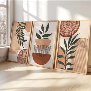 Trävapensköld Inramad Trätryck Väggkonst Set med 3 Geometrisk Polygon Palmblad Abstrakt Natur Illustration Mitten av Århundradet Modern Konst Boho Dekor