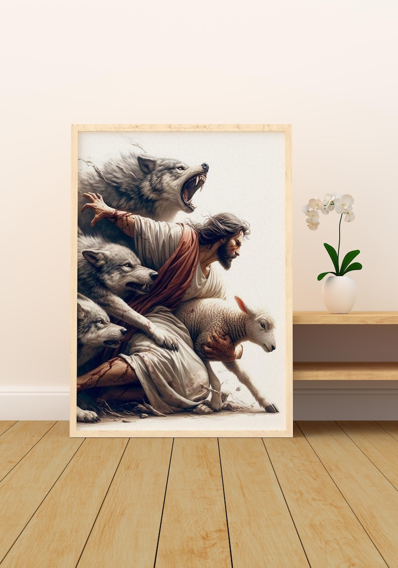 Puede incluir: Obra de arte enmarcada que representa una escena b&iacute;blica. Una figura con t&uacute;nicas blancas y una faja roja protege a un cordero de lobos gru&ntilde;endo. La obra est&aacute; sobre un fondo blanco, enmarcada en madera clara y expuesta sobre una superficie de madera.