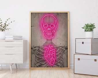 Neon Skeleton Vintage Diagram Wooden Framed Art Print , Vintage Skeleton Print, Vintage Medical Art
