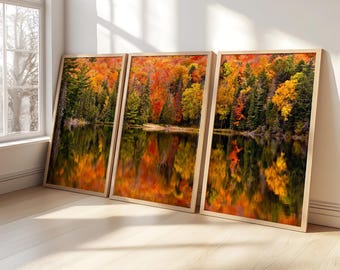 Beautiful Autumn Landscape Autumn Forest View Wooden Set of 3 Fall Scenery Photo Extra Large Wall Art wall decor Autumn fall poster