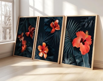 Conjunto de flores tropicales enmarcadas en madera - Lienzo floral tropical de acuarela - Decoración de pared con hibisco tropical (3 unidades)