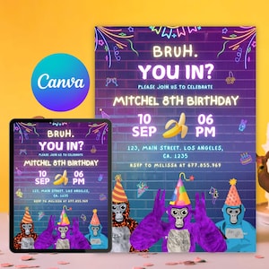 Plantilla editable de invitación de cumpleaños con etiqueta de gorila, invitación para fiesta de juego de mono neón, descarga digital de cumpleaños infantil