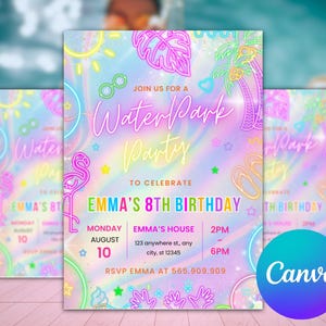 Editable Water Park Birthday Invitation, Neon Summer Splash Pool Party, Kids Birthday Canva Template, Printable Water Park Party Invite