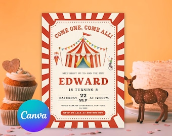 Carnaval verjaardagsuitnodiging, bewerkbare circus carnaval verjaardagsuitnodiging, canvas sjabloon voor kinderen, thema carnaval uitnodiging feest