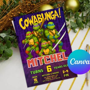 Invitación de cumpleaños de las Tortugas Ninja: invitación imprimible y personalizable para niños, fiesta de las Tortugas Ninja Adolescentes Mutantes, plantilla editable de Canva