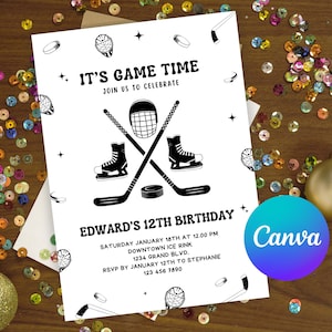 Personalisierbare Eishockey-Geburtstagseinladung, Kinder Hockey Party-Vorlage, personalisierte Schlittschuhe und Stick-Design, Canva bearbeitbarer Download