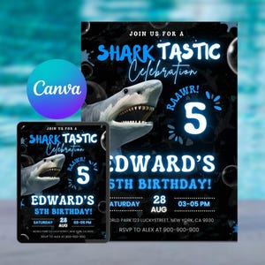 Editable Shark Birthday Invitation: Canva Template (Digital Download, 5x7 inches)